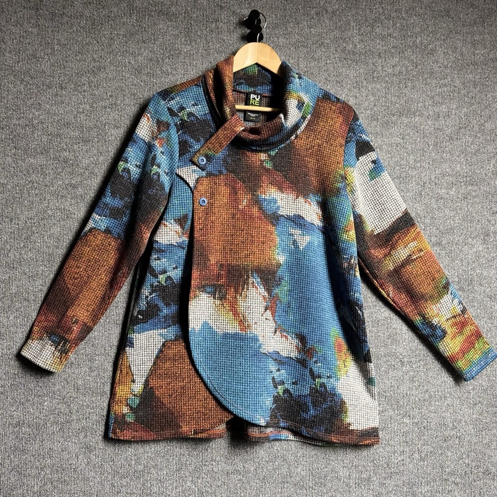 Pure Essence Tunic Top XL Abstract Cowl Neck Lagenlook Art to Wear Asymmetrical